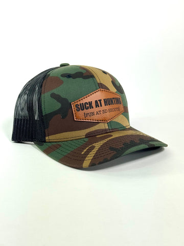 SUCK AT HUNTING HAT- BLACK/CAMO